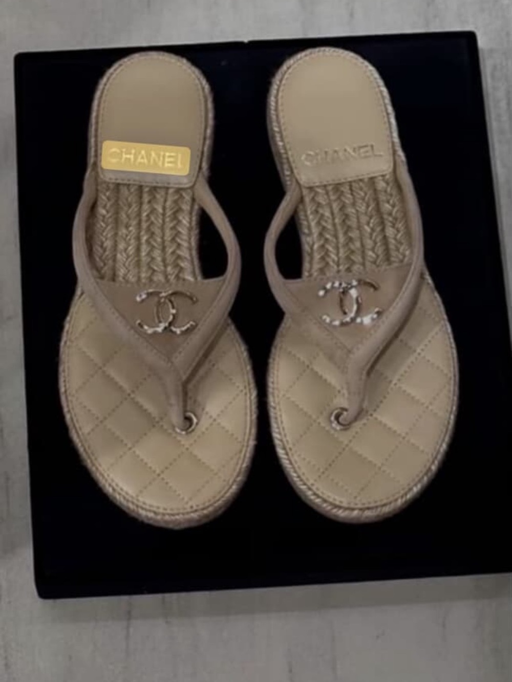 Beige Quilted Thong Sandals with CC Accent